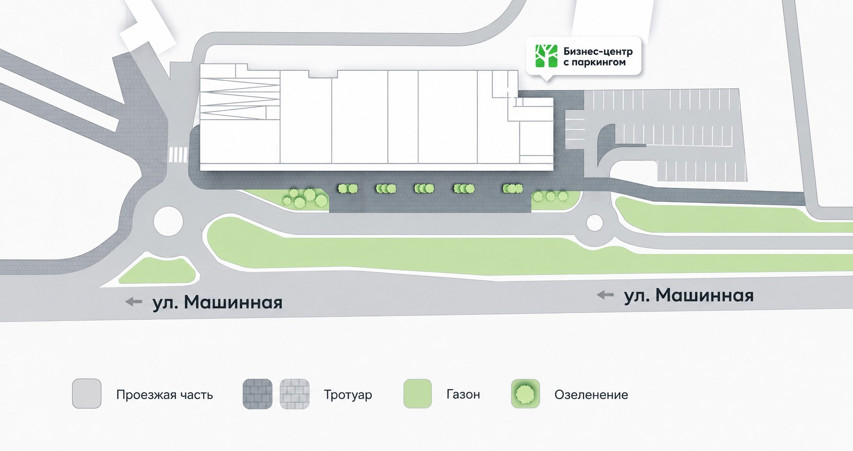 Генплан бизнес-центра Клевер ХАБ с паркингом и подъездом с ул. Машинная